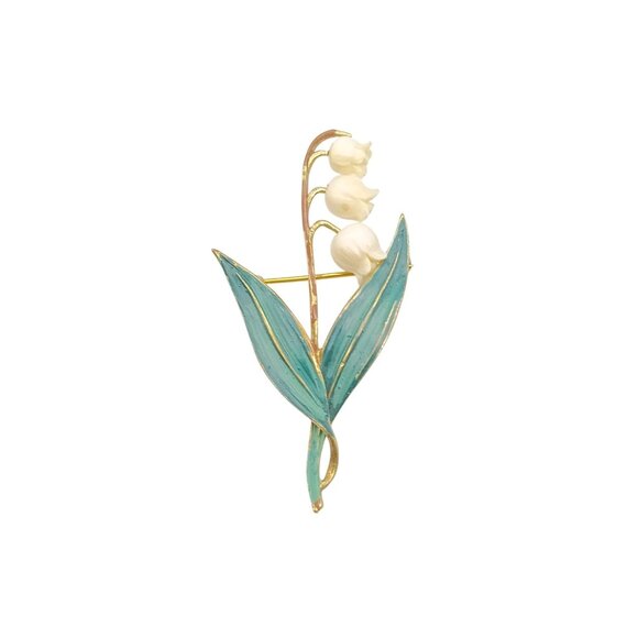 Vintage Enamel Lily of the Valley Brooch Pin with Celluloid Blooms - Picture 1 of 3